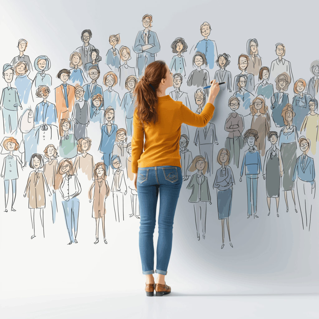 Illustration d’une professionnelle dessinant un grand réseau de contacts, symbole de networking et de recherche d’opportunités en outplacement.
