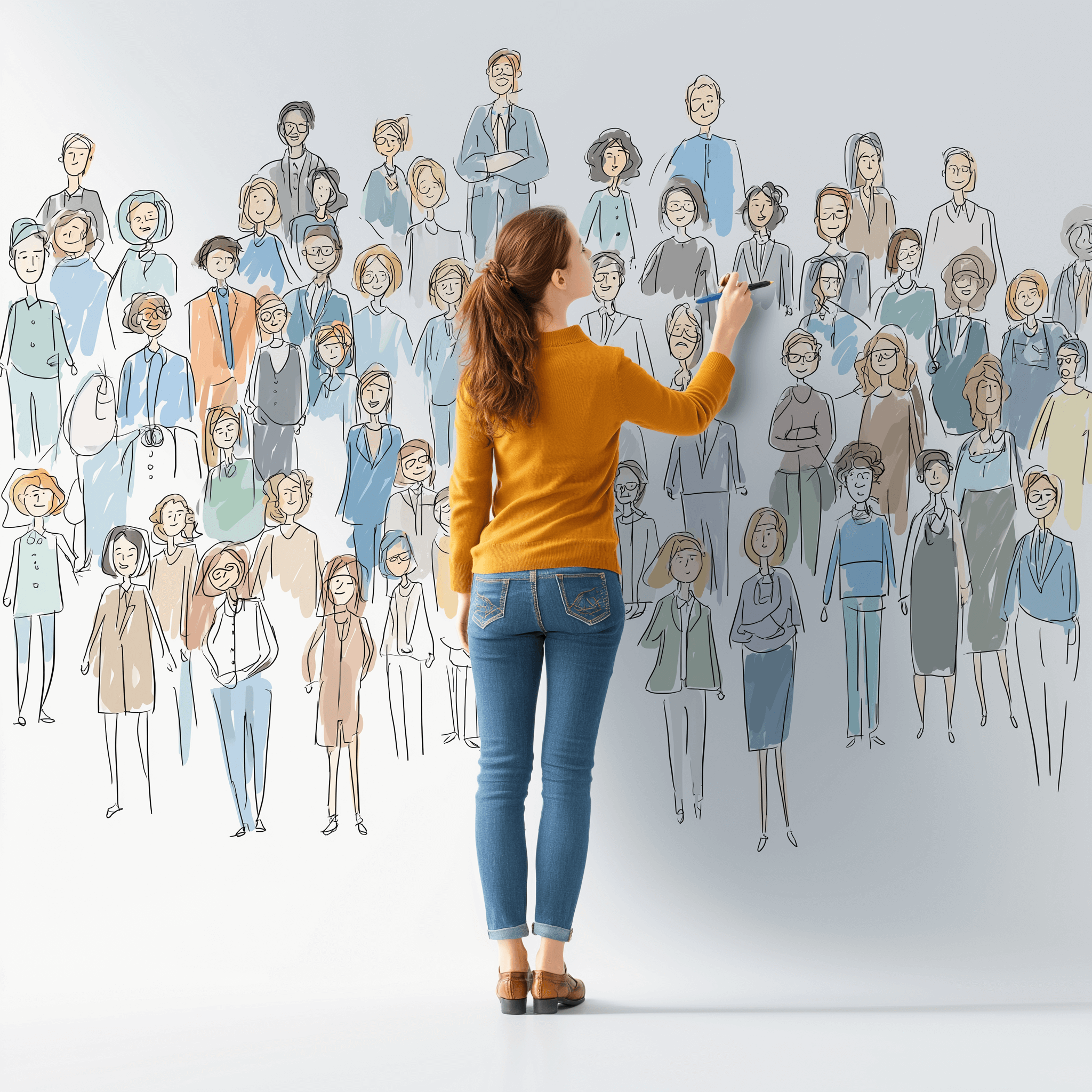 Illustration d’une professionnelle dessinant un grand réseau de contacts, symbole de networking et de recherche d’opportunités en outplacement.