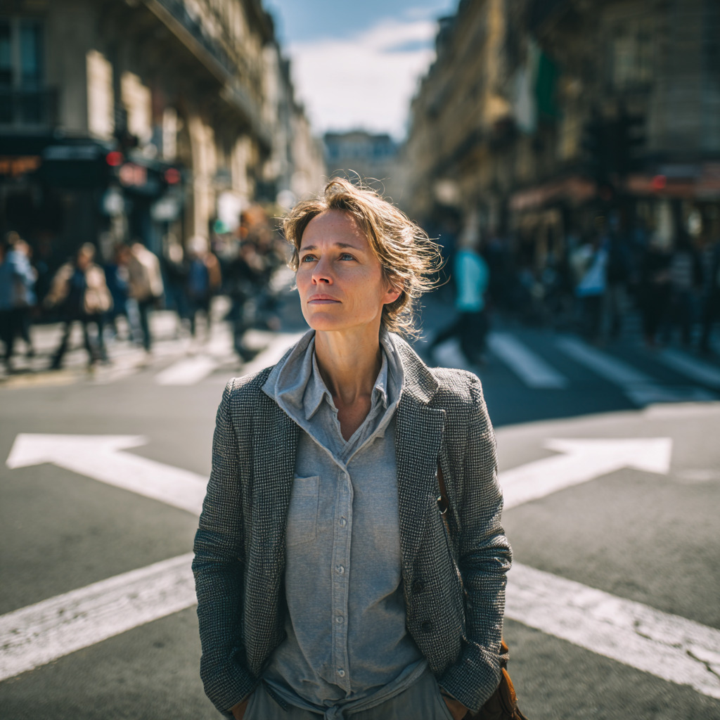 Transition Professionnelle Solo : une femme debout à un carrefour en ville, l’air pensif, symbolisant l’incertitude d’une transition professionnelle solo.