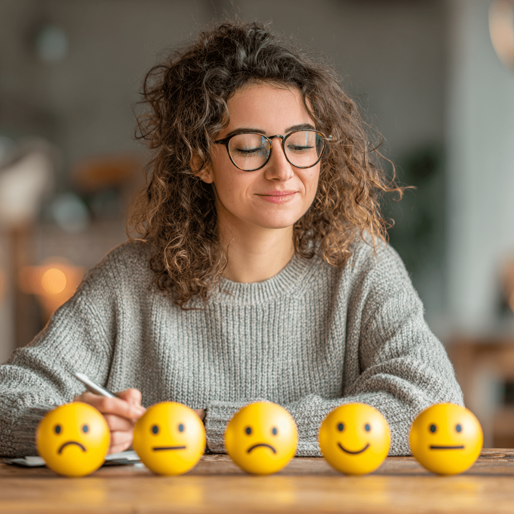 Jeune femme aux cheveux bouclés et portant des lunettes, assise à une table, observant une rangée de visages jaunes représentant différentes émotions, du triste au joyeux.