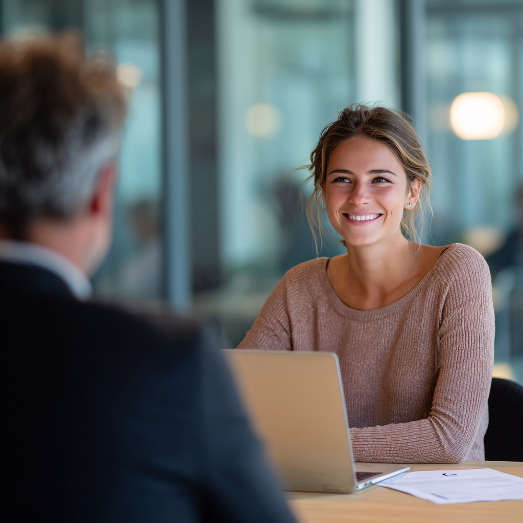 Femme en entretien professionnel, posture ouverte et sourire confiant face à son interlocuteur.